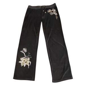 Vintage Y2K BCBGMAZAZRIA Black Velour Bootcut Track Pants Bling Back Flaps Med